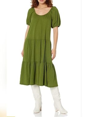 Velvet By Graham & Spencer Vintage Slub Green Puff-Sleeve Tiered Midi Dress